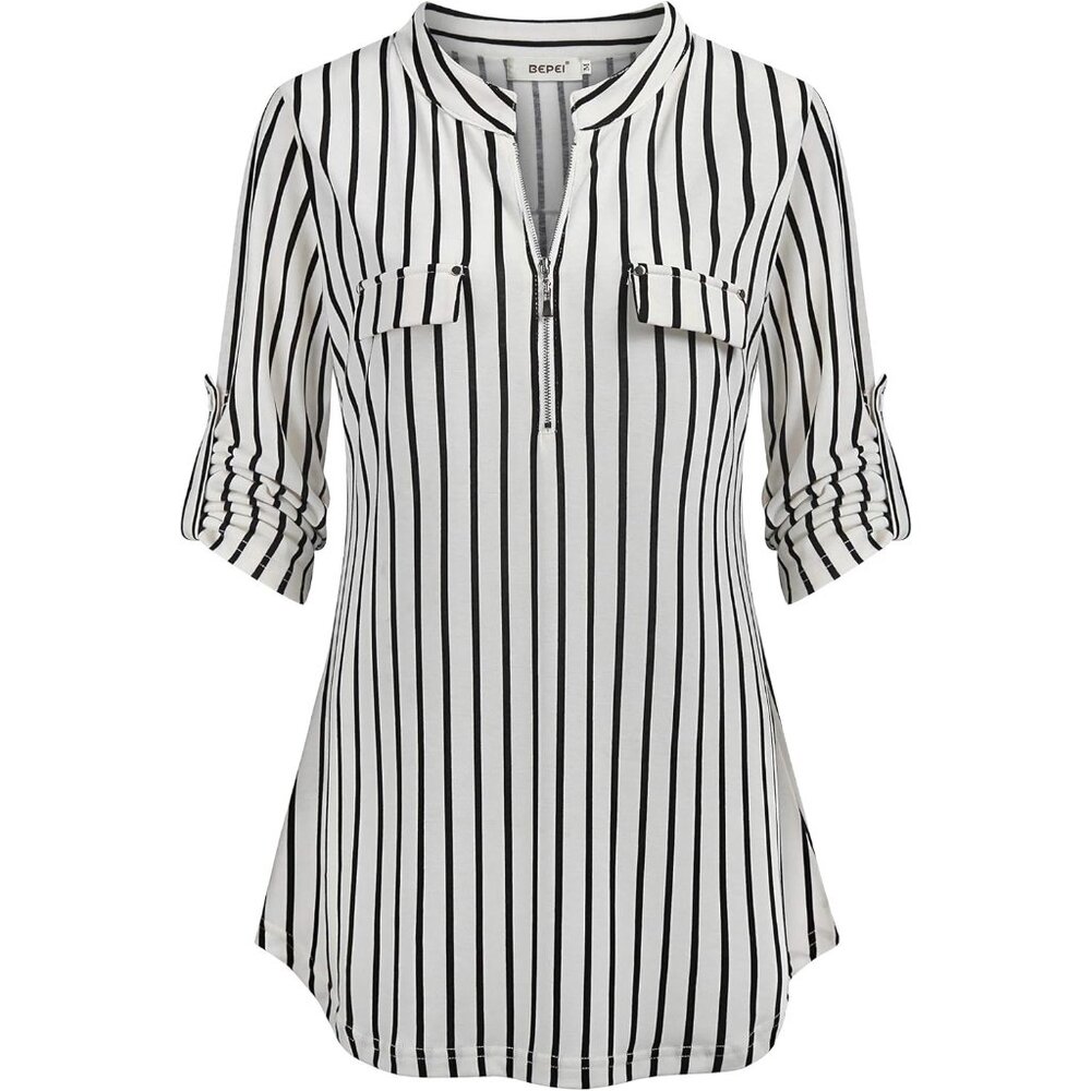 Womens Floral 3/4 Sleeve Shirts Zip up V Neck Work Chiffon Blouses Top